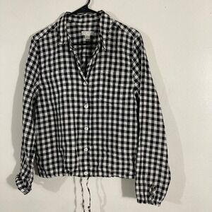 Christopher & Banks Linen Shirt Women S Black Gingham Button Down Drawstring Hem